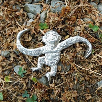 Monkey Brooch, Handcast Pewter, Polished Finish