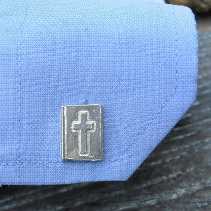 Bible Cufflinks (Raised Cross Design), Handcast Pewter Cufflinks, Polished Finish