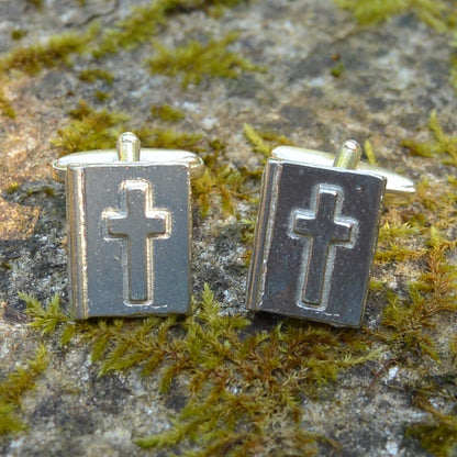 Bible Cufflinks (Raised Cross Design), Handcast Pewter Cufflinks, Polished Finish
