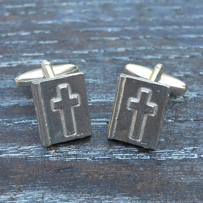 Bible Cufflinks (Raised Cross Design), Handcast Pewter Cufflinks, Polished Finish