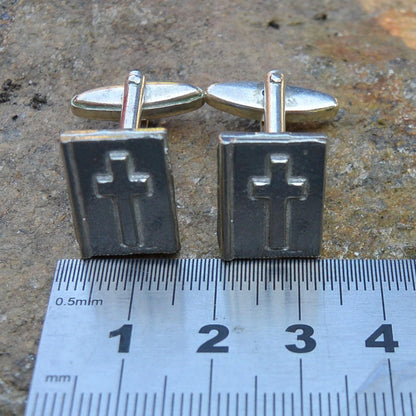 Bible Cufflinks (Raised Cross Design), Handcast Pewter Cufflinks, Polished Finish
