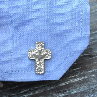 Cross and Dove Cufflinks, Handcast Pewter Cufflinks, Polished Finish