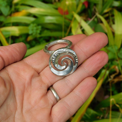 Koru Spiral Scarf Ring, Handcast Pewter, Polished Finish