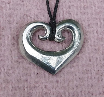 Koru Heart Pendant Necklace, Solid Heart Design with Spiral Detail, Handcast Pewter on Adjustable Cord