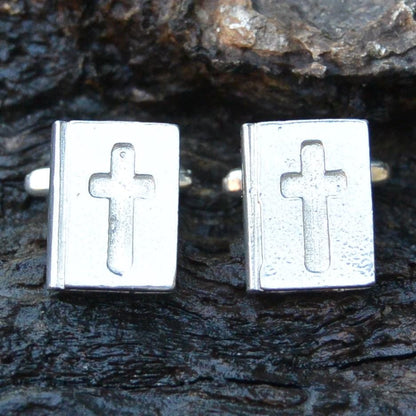 Bible Cufflinks (Inset Cross Design), Handcast Pewter Cufflinks, Polished Finish