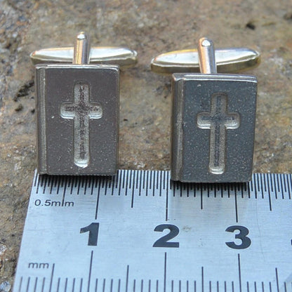 Bible Cufflinks (Inset Cross Design), Handcast Pewter Cufflinks, Polished Finish