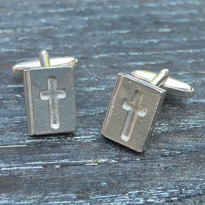 Bible Cufflinks (Inset Cross Design), Handcast Pewter Cufflinks, Polished Finish