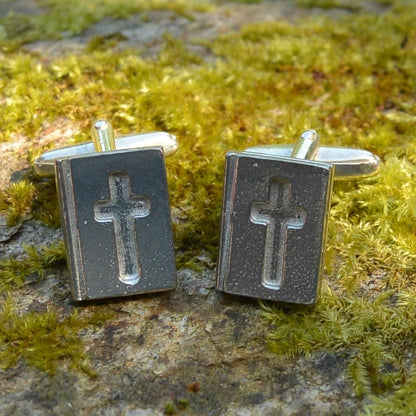 Bible Cufflinks (Inset Cross Design), Handcast Pewter Cufflinks, Polished Finish