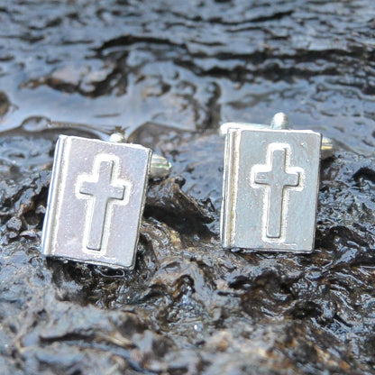 Bible Cufflinks (Raised Cross Design), Handcast Pewter Cufflinks, Polished Finish