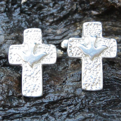 Cross and Dove Cufflinks, Handcast Pewter Cufflinks, Polished Finish