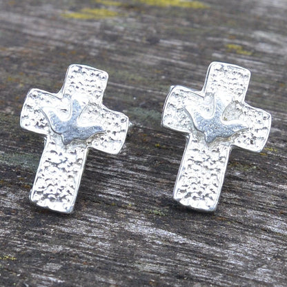 Cross and Dove Cufflinks, Handcast Pewter Cufflinks, Polished Finish