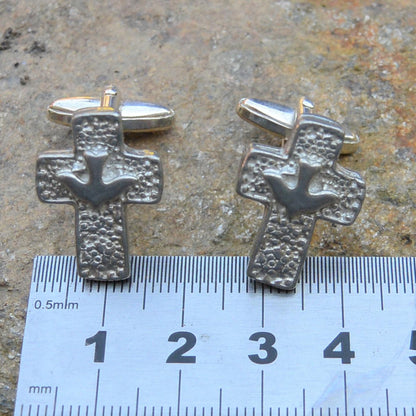 Cross and Dove Cufflinks, Handcast Pewter Cufflinks, Polished Finish