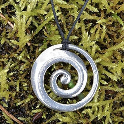 Koru Circle Pendant Necklace, Handcast Pewter on Adjustable Waxed Cord