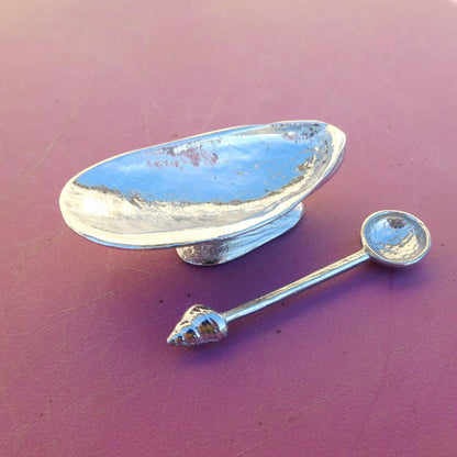 Mussel shell Salt Bowl With Pewter Spoon, Condiment Bowl, Handmade, , Hand Crafted, House warming Gift, In Fine Pewter, By William Sturt