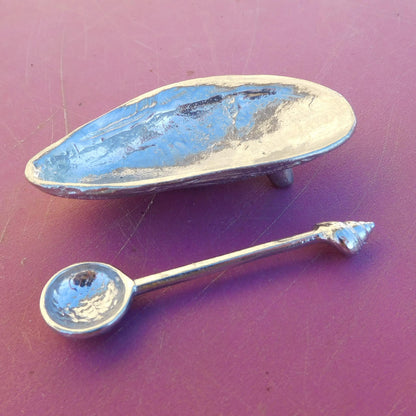 Solid Pewter Salt Bowl Cast from Mussel Shell with Pewter Spoon – Artisan Craft By William Sturt
