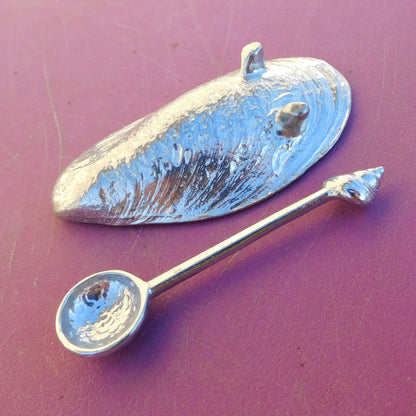 Solid Pewter Salt Bowl Cast from Mussel Shell with Pewter Spoon – Artisan Craft By William Sturt
