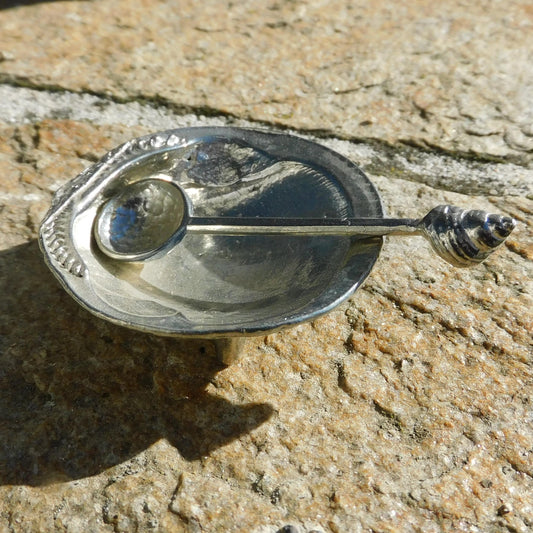 Cockle shell Salt Bowl With Pewter Spoon, Condiment Bowl, Handmade, , Hand Crafted, House warming Gift, In Fine Pewter, By William Sturt