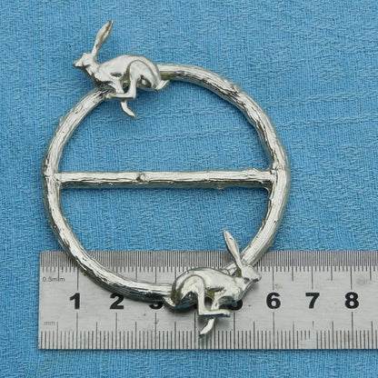 Two Running Hares Scarf Ring, Oak Twig Circle, Handcast Pewter, Polished Finish