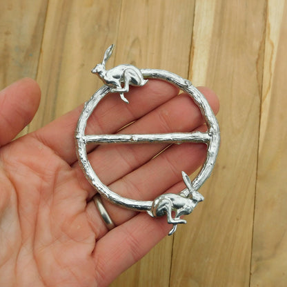 Two Running Hares Scarf Ring, Oak Twig Circle, Handcast Pewter, Polished Finish