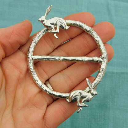 Two Running Hares Scarf Ring, Oak Twig Circle, Handcast Pewter, Polished Finish