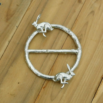 Two Running Hares Scarf Ring, Oak Twig Circle, Handcast Pewter, Polished Finish