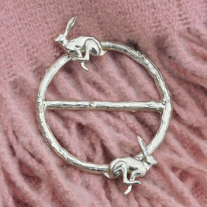 Two Running Hares Scarf Ring, Oak Twig Circle, Handcast Pewter, Polished Finish