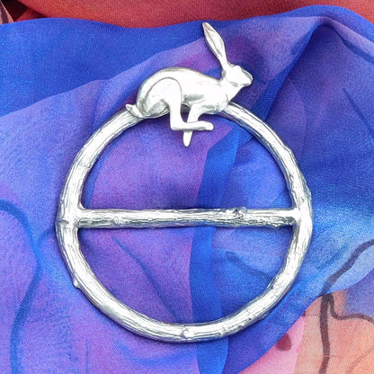 Running Hare Scarf Ring, Oak Twig Circle, Handcast Pewter, Polished Finish
