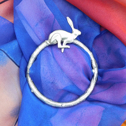 Running Hare Scarf Ring, Oak Twig Circle, Handcast Pewter, Polished Finish