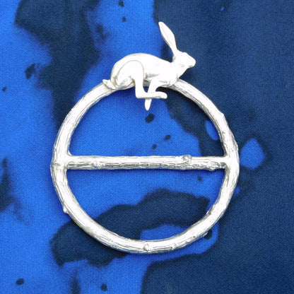 Running Hare Scarf Ring, Oak Twig Circle, Handcast Pewter, Polished Finish