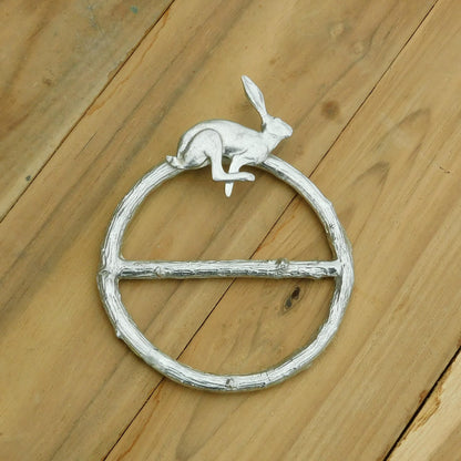 Running Hare Scarf Ring, Oak Twig Circle, Handcast Pewter, Polished Finish