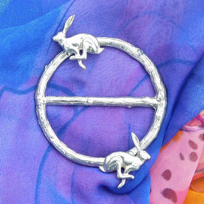 Two Running Hares Scarf Ring, Oak Twig Circle, Handcast Pewter, Polished Finish