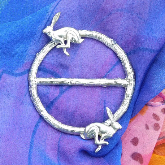 Two Running Hares Scarf Ring, Oak Twig Circle, Handcast Pewter, Polished Finish