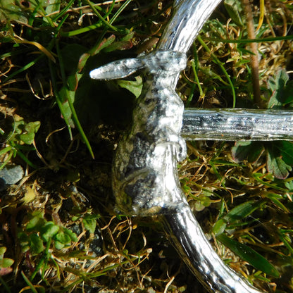Two Resting Hares Scarf Ring, Oak Twig Circle, Handcast Pewter, Polished Finish