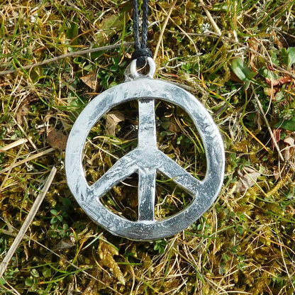 Peace Sign Pendant Necklace, Handcast Pewter Pendant on Adjustable Waxed Cord