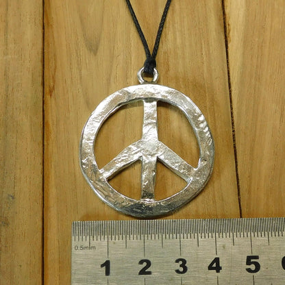 Peace Sign Pendant Necklace, Handcast Pewter Pendant on Adjustable Waxed Cord