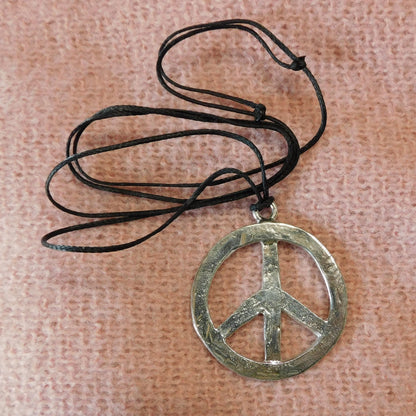 Peace Sign Pendant Necklace, Handcast Pewter Pendant on Adjustable Waxed Cord