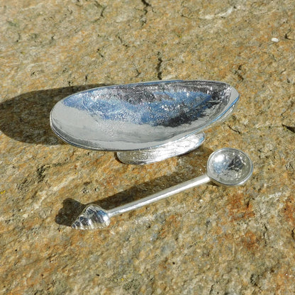 Mussel shell Salt Bowl With Pewter Spoon, Condiment Bowl, Handmade, , Hand Crafted, House warming Gift, In Fine Pewter, By William Sturt