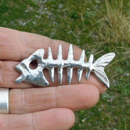 Fish Skeleton Brooch, Handcast Pewter Brooch, Polished Finish