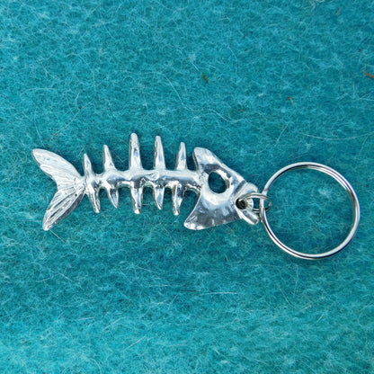 Fish Bone Pewter Keyring, Handmade Fish Lovers Keychain, Handcast Polished Pewter