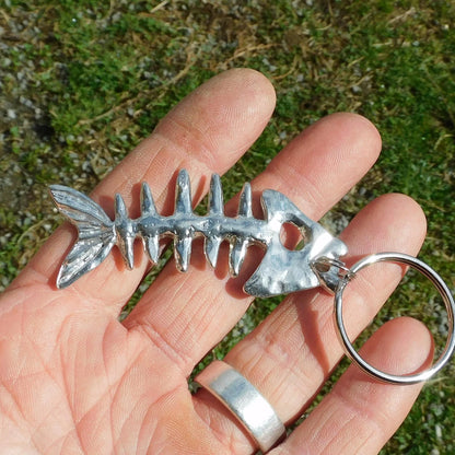 Fish Bone Pewter Keyring, Handmade Fish Lovers Keychain, Handcast Polished Pewter