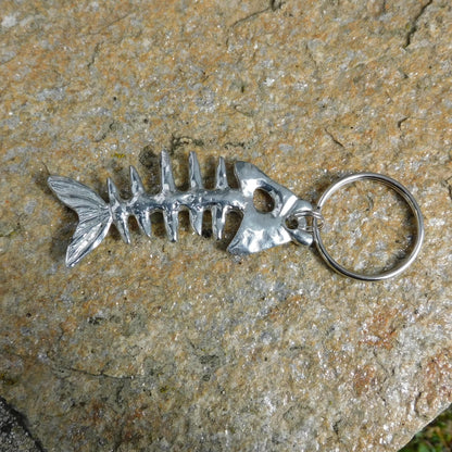 Fish Bone Pewter Keyring, Handmade Fish Lovers Keychain, Handcast Polished Pewter