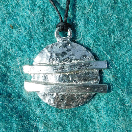 Abstract Pewter Pendant – Textured Circle with Parallel Bars, Handmade Jewelry, Handcrafted Jewellery, in Fine Pewter, by William Sturt