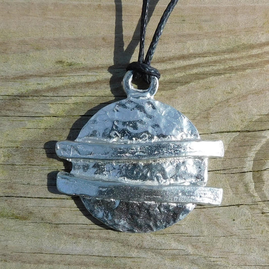 Abstract Pewter Pendant – Textured Circle with Parallel Bars, Handmade Jewelry, Handcrafted Jewellery, in Fine Pewter, by William Sturt
