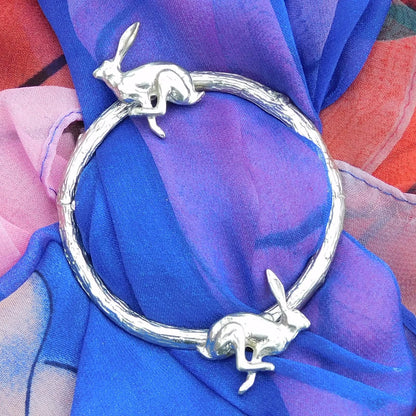 Two Running Hares Scarf Ring, Oak Twig Circle, Handcast Pewter, Polished Finish