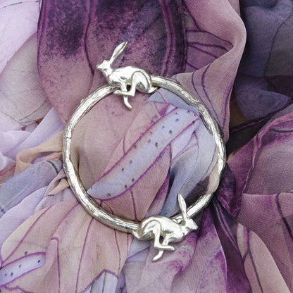 Two Running Hares Scarf Ring, Oak Twig Circle, Handcast Pewter, Polished Finish