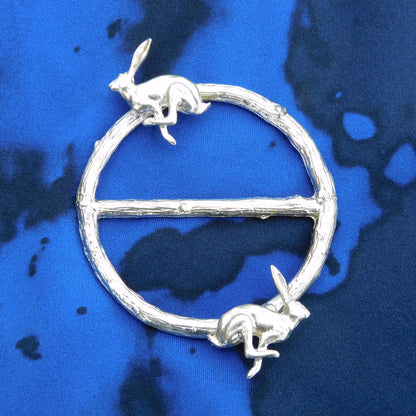 Two Running Hares Scarf Ring, Oak Twig Circle, Handcast Pewter, Polished Finish