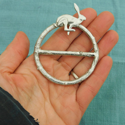 Running Hare Scarf Ring, Oak Twig Circle, Handcast Pewter, Polished Finish
