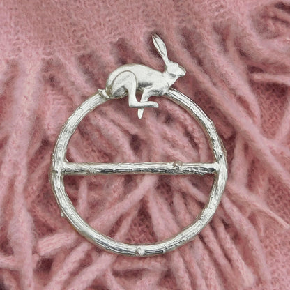 Running Hare Scarf Ring, Oak Twig Circle, Handcast Pewter, Polished Finish