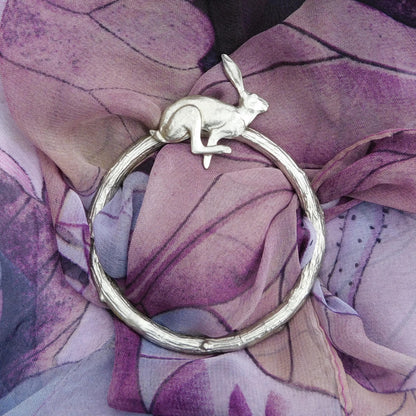 Running Hare Scarf Ring, Oak Twig Circle, Handcast Pewter, Polished Finish