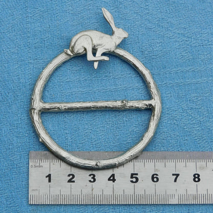 Running Hare Scarf Ring, Oak Twig Circle, Handcast Pewter, Polished Finish